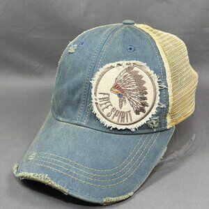 Free Spirit Snapback Cap Hat Blue Distressed Indian Headdress Trucker Dad Mens